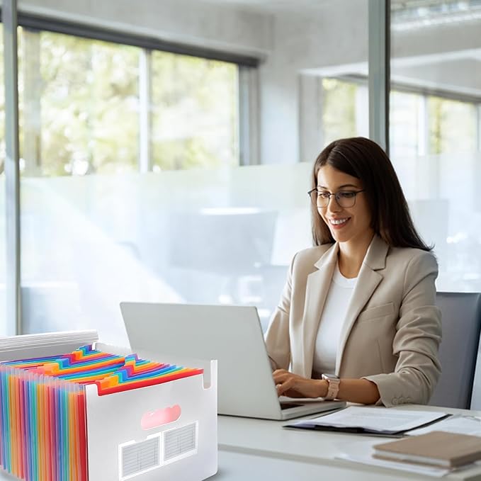 25 Pockets Plastic Expanding File Folders with Tabs, White Accordion File Organizer, Portable Expandable Filing Box, Desktop Folder for School Office Letter A4 Paper Document Receipt Storage