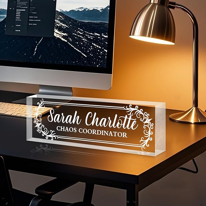 Custom Name Plate for Desk, Personalized Desk Name Plate on Clear Acrylic Glass, Appreciation Gifts for Teacher Employee Boss Coworkers Nurse, Office Desktop Accessories for Women Men (Engraved Thorn)