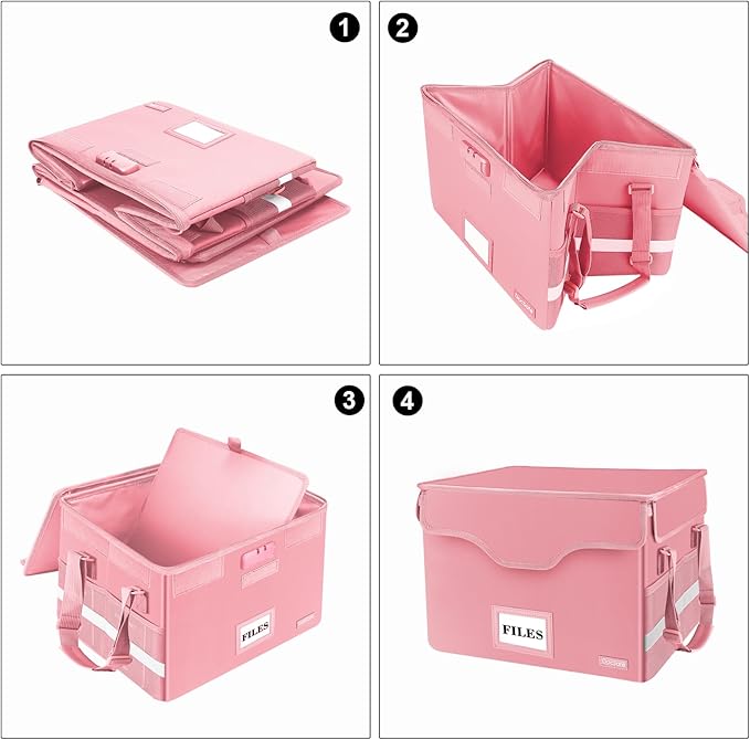 DocSafe Fireproof Document Box with Lock,File Storage Organizer with Pockets,Collapsible Portable File Box Home Office Safe Filing Cabinet with Handle for Hanging Letter/Legal Folders,Pink,2 Pack