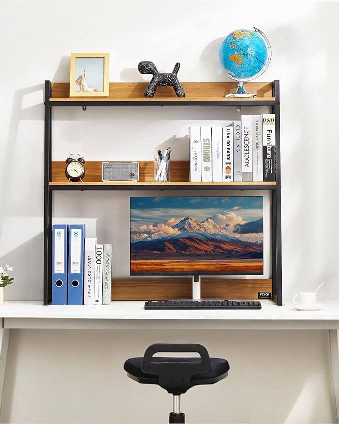 VEVOR 2-Tier Desktop Storage Organizer, 37.4" x 12.6" x 35.4" Office Storage Rack, Wood Color Display Shelf, Desktop Bookshelf Hutch with Anti-Slip Feet Pads, for Office, Home & Dorm