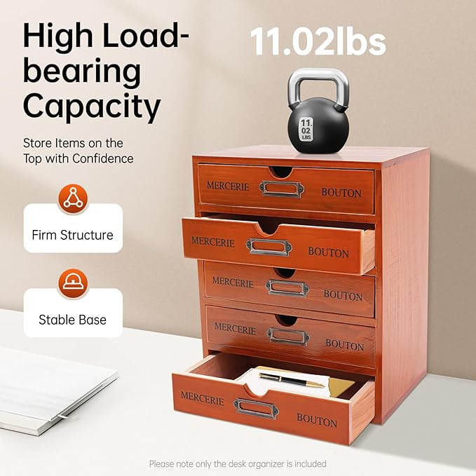 Stackable Wooden Desk Organizer with 5 Drawers Retro Brown Modular Storage Boxes for Home Office, Makeup, Stationery - No Assembly Required