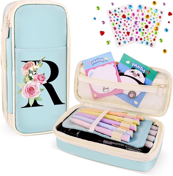 Preppy Pencil Case for Girls, Cute Large Pencil Pouch, Personalized Initial Pencil Bag with Zipper for School College Office Supplies, Back to School Supplies Gifts for Teen Girls (R, Blue)