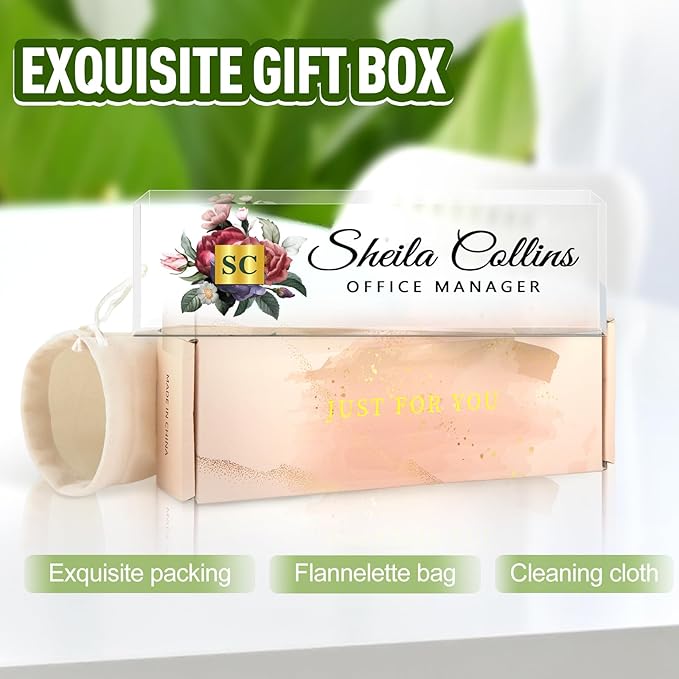 Custom Acrylic Name Plate for Desk, Employee Appreciation Gifts, Office Decor, Personalized, Funny Gifts for Coworkers, Boss, Teacher (Flower A)