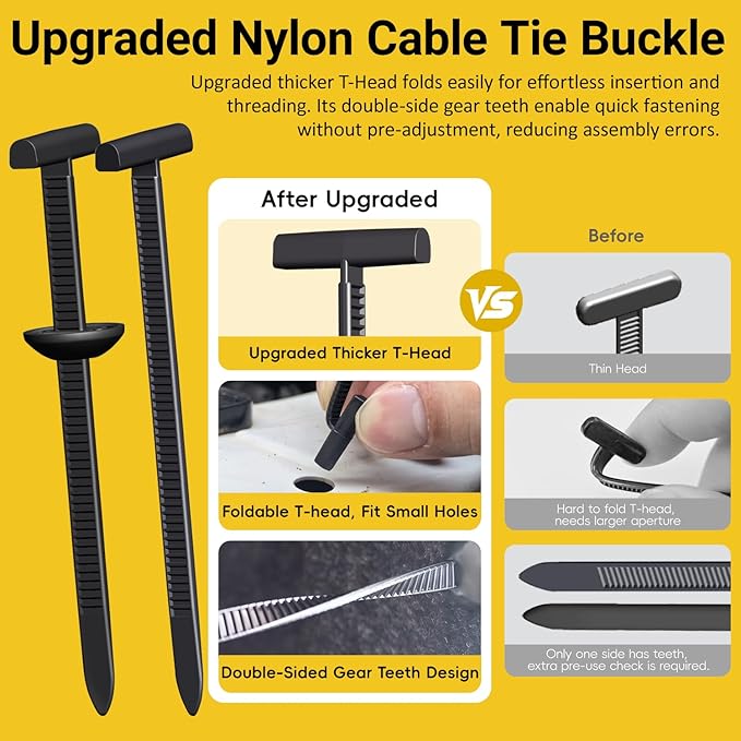 Aymier 160Pcs Upgraded Double-Side Teeth Self-Locking Nylon Universal Cable Tie Buckle, for Car Fender Trunk Bumper Repair, Home & Garage, with T Rivet Zipties Ties Holders Kit, Patent Pending