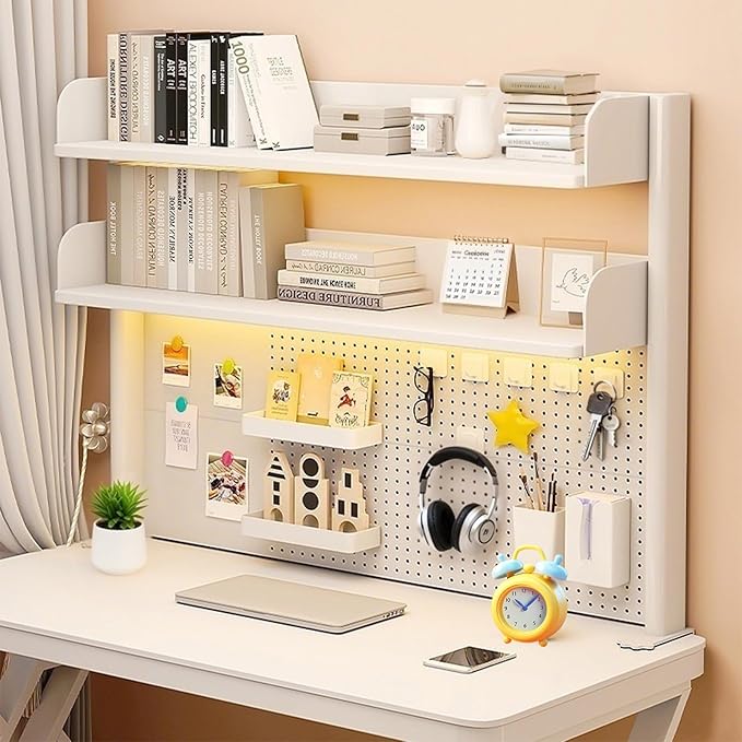 Clamp On Desk Shelf Desktop Hutch Bookshelf Desk Organizer Storage Shelves with Pegboard DIY Display Stand Adjustable Space-Saving Suitable for Dormitories,Studies,Offices,Workbenches