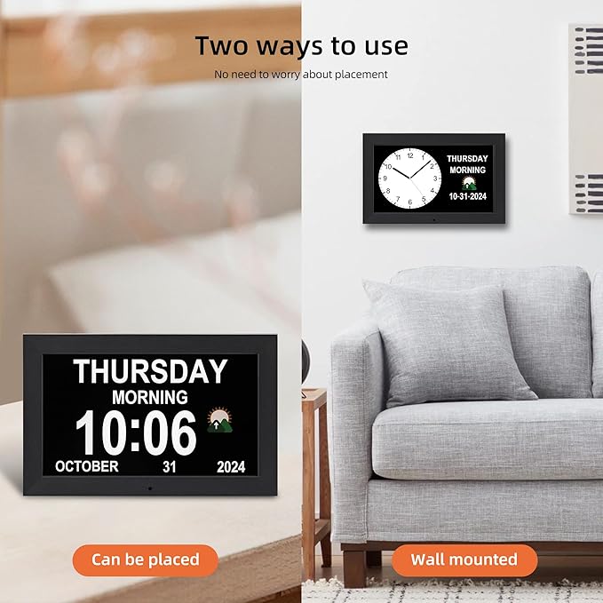 Digital Alarm Clock, Multiple Alarm Functions, Clock with Date and Week, Digital Alarm and Electronic Calendar for Seniors (Black, 10inch)