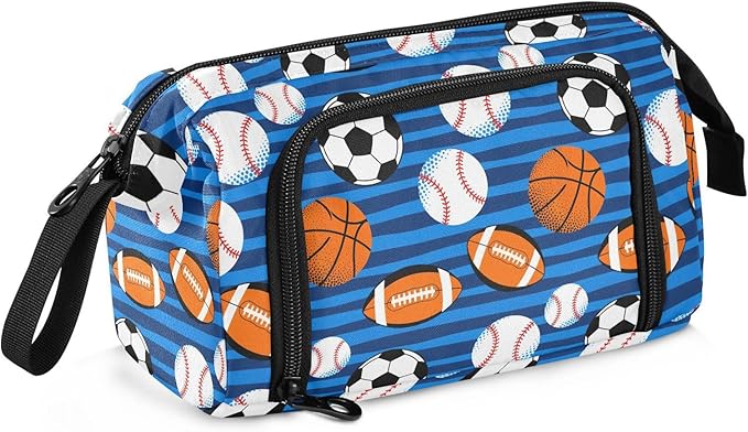 Soccer Balls Blue Pencil Case Pouch Big Capacity Pencil Bag Box Organizer Pen Case with Handle Stationery Organizer for Kids Boys Girls Women College Office