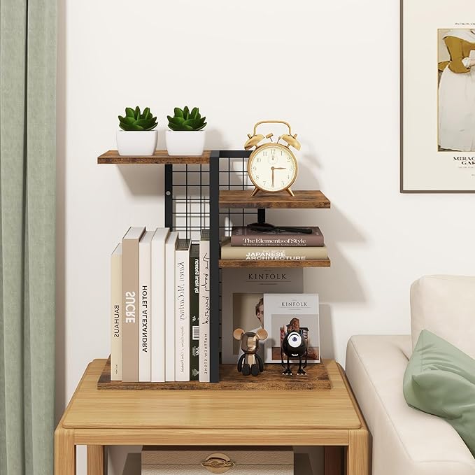 ELITEROO Desktop Shelf Organizer, 4-Tier Wooden Desk Bookshelf, Small Tabletop Book Shelf, Adjustable Display Rack for Home, Office, Dorm, Rustic Brown