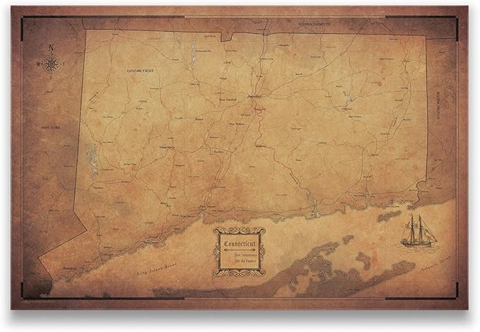 Push Pin Connecticut Map Board - With Push Pins to Mark Connecticut Travels - Handmade in Ohio, USA - Design: Golden Aged