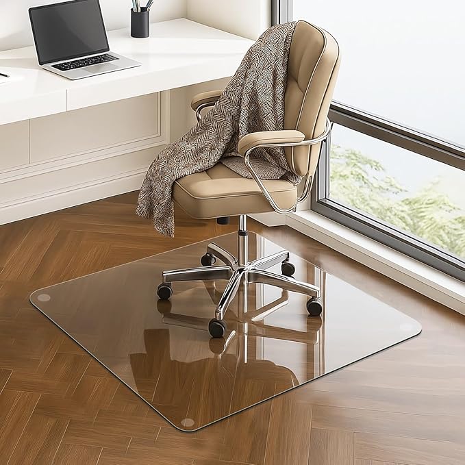 VASUHOME Premium Tempered Glass Chair Mat, 36 x 46 Inch Large Office Floor Mat for Carpet or Hardwood Floors, 1/5" Thick with 12 Anti-Slip Pads