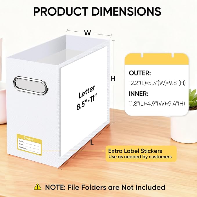 BALEINE File Organizer Box, Cardboard File Folder Organizer with Handle for Letter Size, Portable Collapsible Hanging Filing Box for Home Office Document Storage (4 Pack, White)