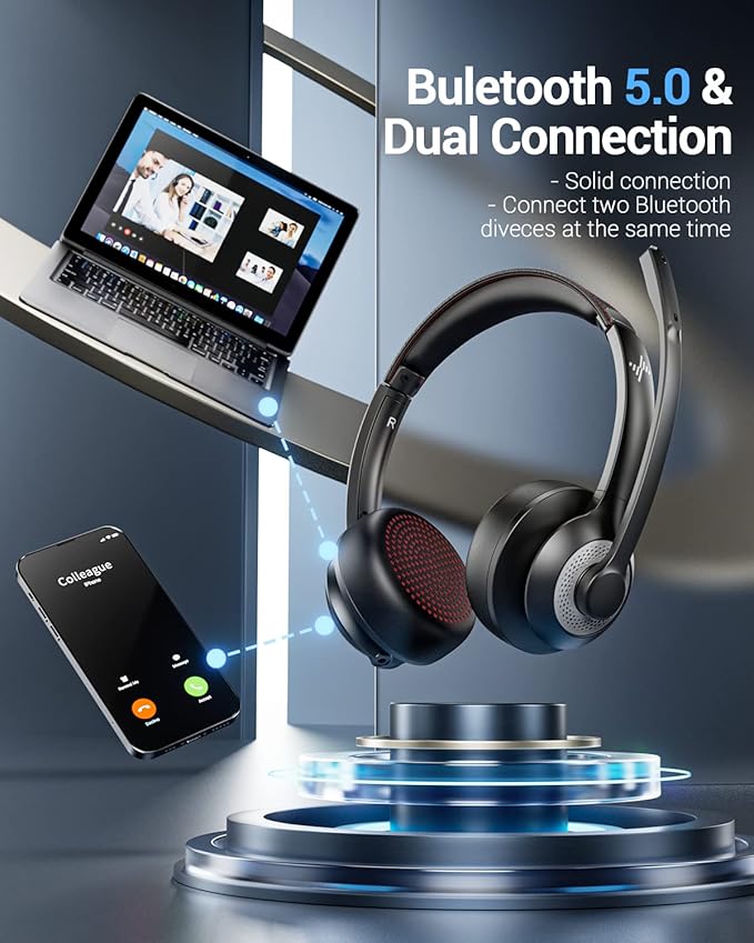 JIAMQISHI Wireless Headset with AI Noise Cancelling Microphone Bluetooth Headset - Bluetooth V5.2 Headphones with USB Dongle & Mic Mute for Computer/Laptop/PC/iPhone/Android/Cell Phones