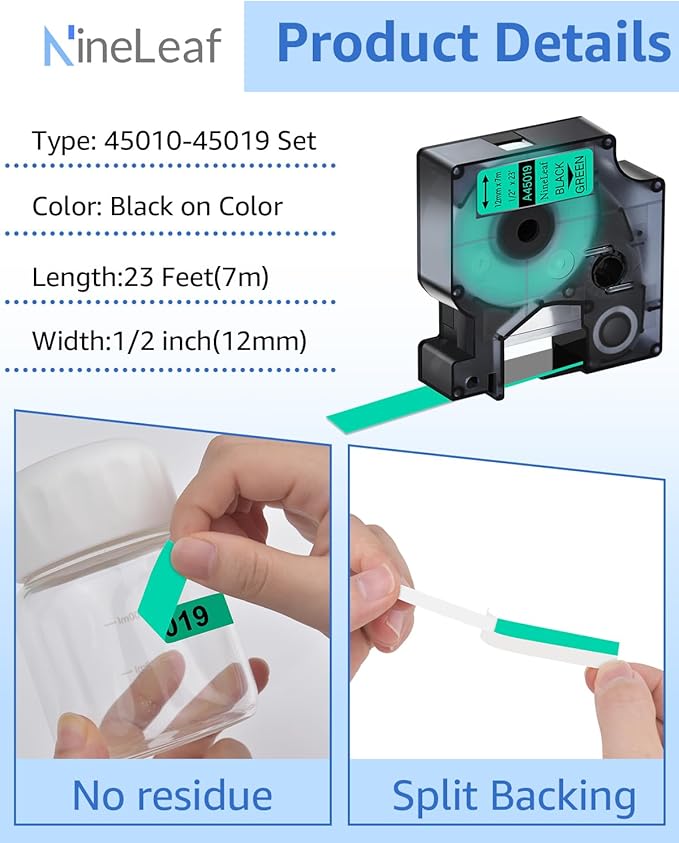 NineLeaf 6 Pack Compatible Label Tape Replacement for Dymo D1 Label Tape 12mm 45013 45010 45016 45017 45018 45019, 1/2 Inch D1 Label Cassette Use for Dymo LabelManager 160 280 360D 210D 450 COLORPOP