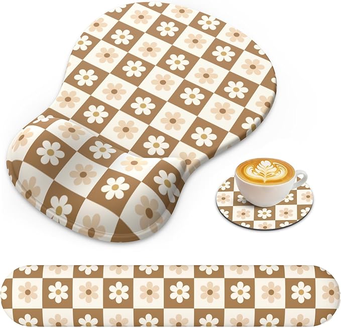 Mouse Pad with Wrist Rest, 3-in-1 Premium Lycra Fabric Memory Foam Ergonomic Wrist Support for Keyboard, Laptop & Desktop, Pain Relief Mousepad with Non-Slip PU Base for Office & Home (Flower Plaid)