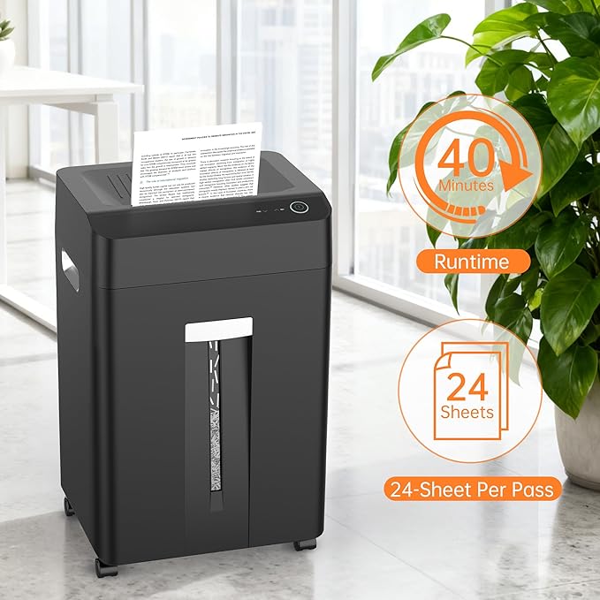 24-Sheet Cross Cut P-4 Security Paper Shredder with 8.9 Gal Pull-Out Bin, Credit Card/Staple/Clip/CDs Commercial Heavy Duty Shredder for Office