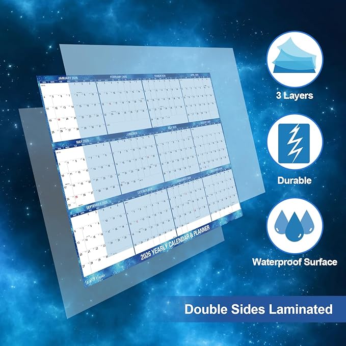 32" x 48" 2026 Wall Calendar Dry Erase - Large Starry Sky Calendar Wet & Dry Erasable Laminated 12 Month Annual Yearly Planner, Reversible, Horizontal/Vertical, Blue