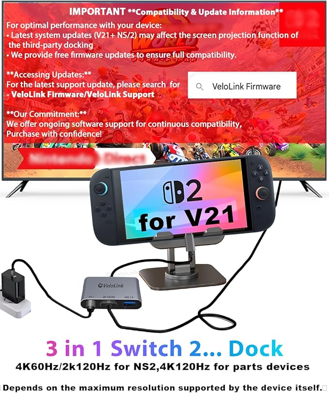 Switch 2 Dock for Nintendo Switch 2 Docking Station with HDMI 2.1/PD Port/USB A Compatible with MacBook/Laptop ! ! Require Manual firmware Update for V21 or Above ! ! (Update Support Available)