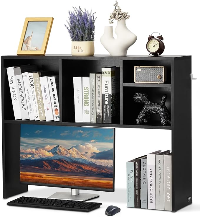 VEVOR Desktop Bookshelf, Storage Organizer with 5 Shelves for Computer Desk, Wooden Shelf Desk Hutch with Anti-Slip Feet Pads, Desk Top Display Rack for Office, Home & Dorm, Black