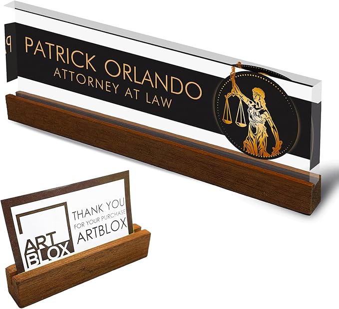 Artblox Personalized Office Desk Name Plate and Business Card Holder | Clear Acrylic Glass with Teak Wood Stand | Lawyer Design Customized with Your Name and Credentials Office Desk Decor