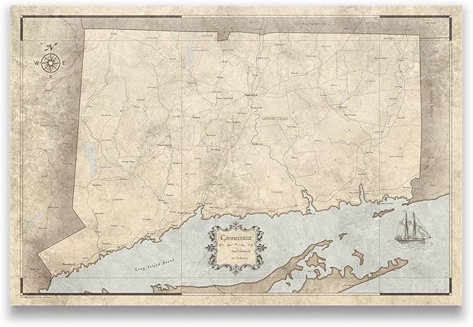 Push Pin Connecticut Map Board - With Push Pins to Mark Connecticut Travels - Handmade in Ohio, USA - Design: Rustic Vintage