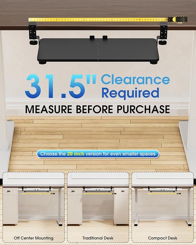 Large Keyboard Tray Under Desk, Pull Out Keyboard & Mouse Tray with Adjustable C-clamp, 25.6(31.5 Including Clamps) x 11.8 Inch Slide Out Computer Keyboard Drawer Mouse Tray for Typing, Black