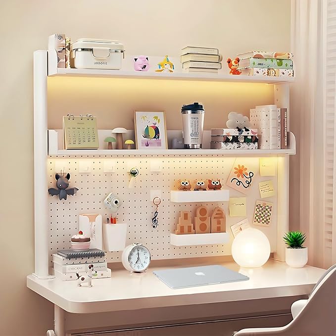 Clamp On Desk Shelf Desktop Hutch Bookshelf Desk Organizer Storage Shelves with Pegboard DIY Display Stand Adjustable Space-Saving Suitable for Dormitories,Studies,Offices,Workbenches