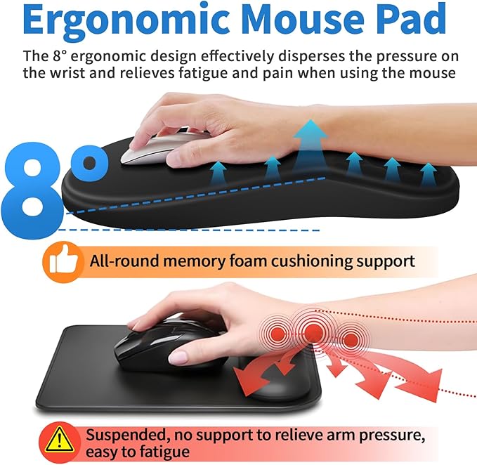 YIWEI Ergonomic Mouse Pad with Wrist Support - Gel Memory Foam Mouse Mat for Computer Keyboard & Laptop - Non-Slip Base, Pain Relief for Home Office & Gaming - Black