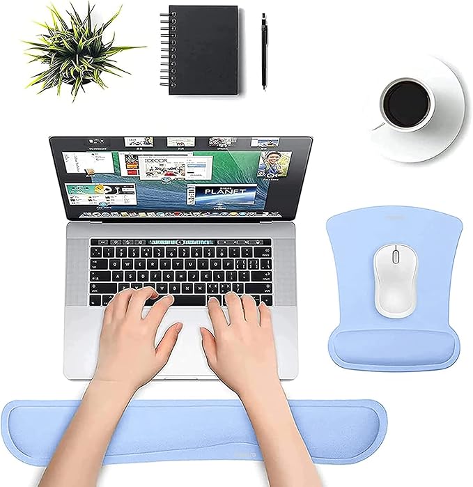MOSISO Wrist Rest Support for Mouse Pad & Keyboard Set, Ergonomic Mousepad Non-Slip Base Home/Office Pain Relief & Easy Typing Cushion with Neoprene Cloth & Raised Memory Foam, Air Blue