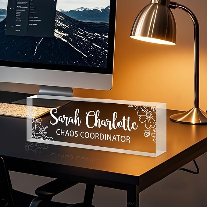 Custom Name Plate for Desk, Personalized Desk Name Plate on Clear Acrylic Glass, Appreciation Gifts for Teacher Employee Boss Coworkers Nurse, Office Desk Accessories for Women Men (Engraved Bloom)