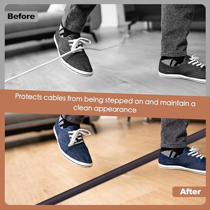 Floor Cord Cover for Wires on Floor Self Adhesive Cord Hider Floor Cable Management Wire Covers for Cords Protector Prevent Cable Trips Cord Cavity W 0.51" x H 0.31", Black Walnut, 3.3Ft