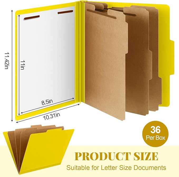 Skyygemm 36 Pcs Classification Folders Letter Size, 3 Divider Pressboard File Folder with Fasteners, Expanding File Organizer Bulk for Teachers, Clergy, Office, Church, Christmas Donations (Yellow)