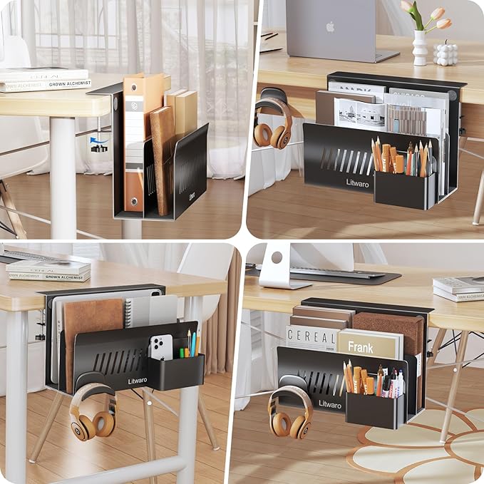 Litwaro Desk Side Storage Organizer, 2 Tier Laptop Holder Clamp on Desk Organizer, No Drill Laptop Mount with Magnetic Pen Holder, Hanging Desk Organizer Fits Flat Edge Table 0.4" to 2.1" (Black)