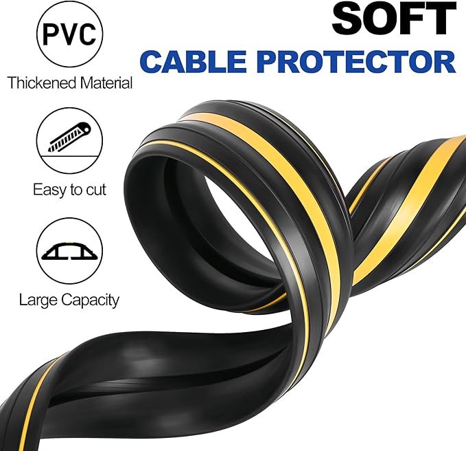 6.5Ft Cord Covers for Wires on Floor, 3-Channel Heavy Duty Floor Cord Cover with Anti-Slip Base & Yellow Warning Strips, Extension Cord Covers for Floor, Ideal for Home, Office, Outdoor Use