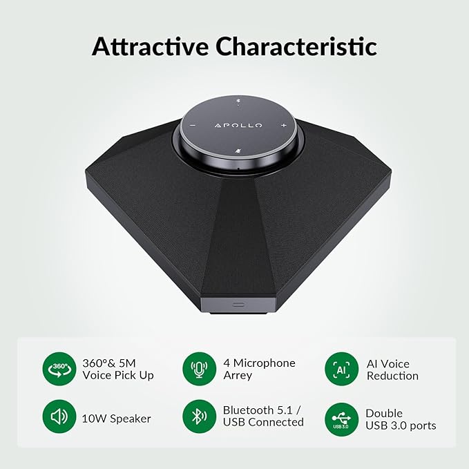 WYRESTORM Conference Speaker and Microphone, 360° Voice Pickup, AI Noise Reduction, USB/Bluetooth 10W Powerful Speakerphone w/Daisy Chain for 20 People Large Call Meeting for Zoom Teams