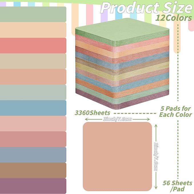 60 Pack Vintage Round Corner Sticky Notes 3x3 12 Retro Colors Posted Note Adhesive Paper Memo Pads 56 Sheets/Pad Self-Stick Note Bulk Easy to Stick for Back to School Teacher Student, Office Supplies