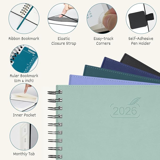 BEZEND Daily Appointment Book 2026 Page per Day Even Weekends (Large-8.25" x 11.75") 15-Minute Timeslots in 4 Columns, Monthly Planner with Tabs & Week Schedule, PU Leather Softcover in Blueberry