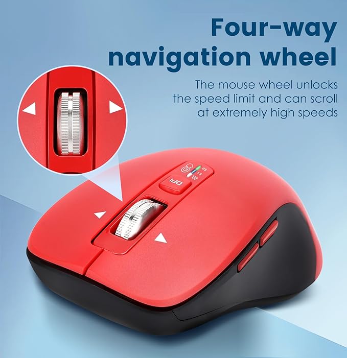 Wireless Bluetooth Mouse (USB + BT1 + BT2), Full Size, 4-Way Scrolling, Multi-Device Silent Mouse for Computer, Laptop, iPad, MacBook (Red)