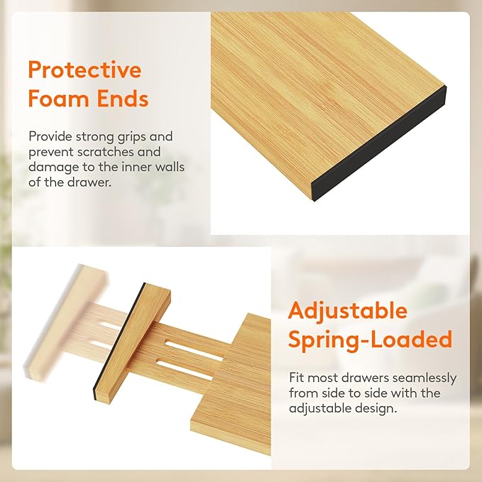 Lifewit 4 Pack 4" High Bamboo Drawer Dividers, 12-16" Adjustable Drawer Organizers for Clothes, Wood Dresser Drawer Divider, Expandable Deep Drawer Separators for Dresser, Kitchen, Bedroom, Bathroom