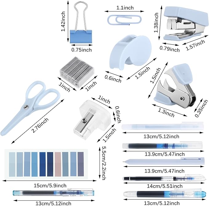 Colarr Mini Office Supply Kit Includes Stapler Tape Dispenser Staple Remover Paper Clips Scissor Staples Pen Sharpener Note Small Telescopic Knife for Office and School Clerk Student (Blue)