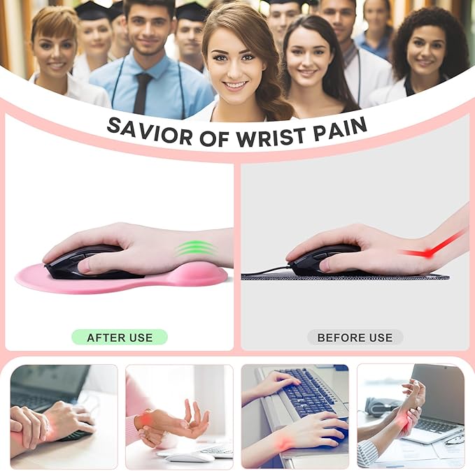 JIKIOU Mouse Pad, 2 Pack Ergonomic Mouse Pads with Comfortable Gel Wrist Rest Support and Smooth Cloth, Non-Slip PU Base for Easy Typing Pain Relief Durable and Easy to Clean Small Pink