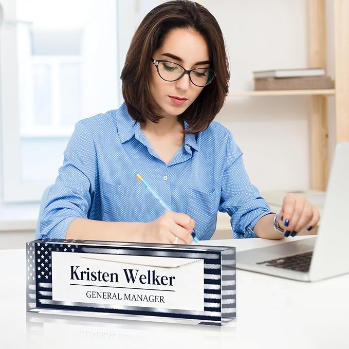 Custom Name Plate for Desk, Personalized Desk Name Plate on Clear Acrylic Glass, Appreciation Gifts for Teacher Employee Boss Coworkers Nurse, Office Desk Accessories for Women Men (Navy Blue)