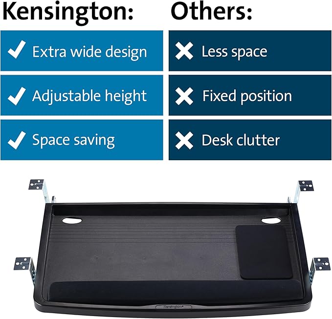 Kensington Keyboard Tray Under Desk, SmartFit Ergonomic Slide-Out Keyboard Drawer with Cable Management, Extra-Wide Height Adjustable Keyboard Holder, 24.5" x 11.75", Black K60004US