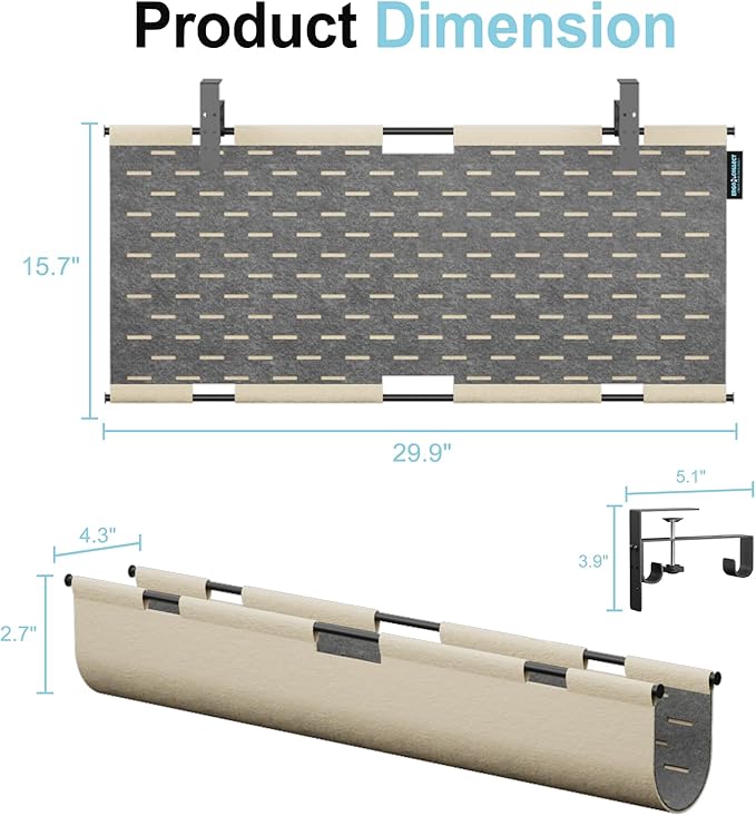 2-in-1 Under Desk Cable Management Tray & Privacy Panel, Dual-Sided Felt Cord Organizer to Hide Wires and Clutter, Desk Mount Cord Holder for Office and Home, Clamp or Screw Mount (Khaki/Gray, 30")