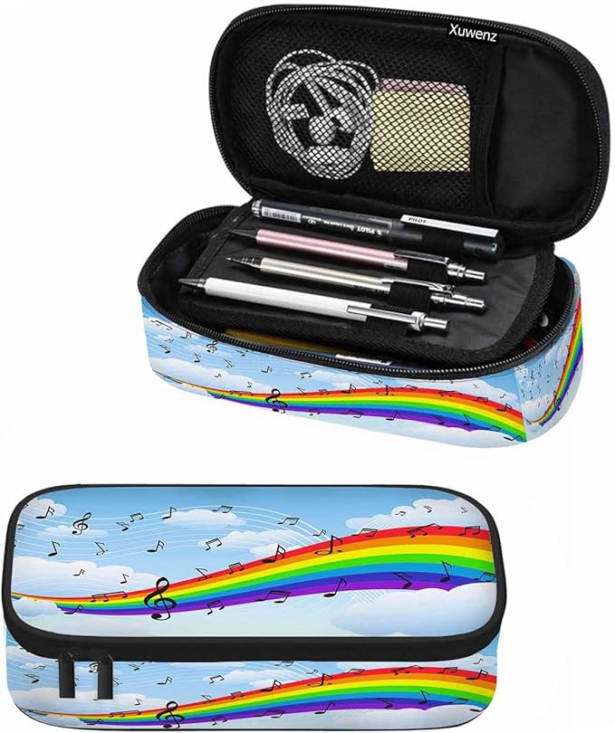 Rainbow Notes Pencil Case Blue Sky White Clouds Pencil Bag Pen Markers Pouch Holder Organizer for Boy Girl School Students