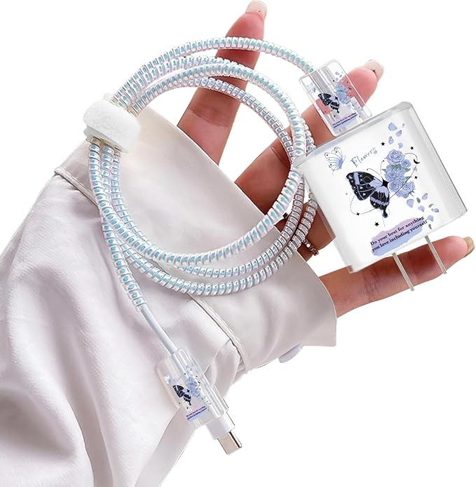 Lovely Cable Protector for iPhone 18W/20W Charger, Blue Black Butterfly Flowers Design Transparent Data Line Cable Saver Phone Charging Protector for Apple Charger Case