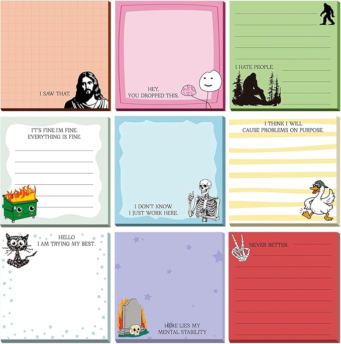 9 Pads Cute Sticky Notes Cartoon Self Stick Notepads 3x3 Inches Notes Adhesive Memo Pad Office Decor Gifts for Students School Teacher Office Meeting (Funny)