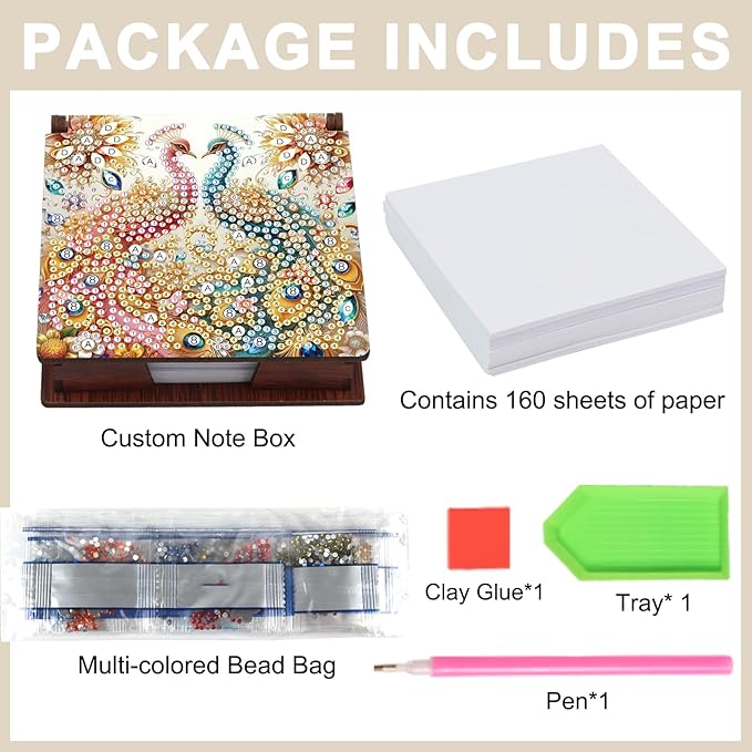 Wooden DIY Red Blue Peacock Diamond Art Notecard Box – DIY Gem Art Sticky Note Holder for Adults 160 Sheets Memo Pad Storage
