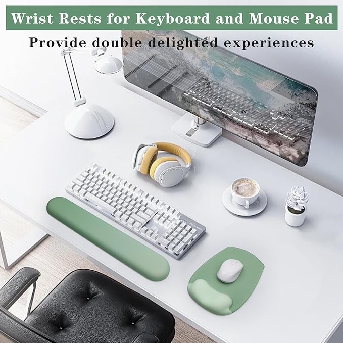 Wrist Rest Support for Mouse Pad and Keyboard Set, Ergonomic Gel Computer Keyboard Wrist Rest with Memory Foam for Long Hours of Work, Gaming, Studying-Relieve Wrist Pain (Mint Light Green)
