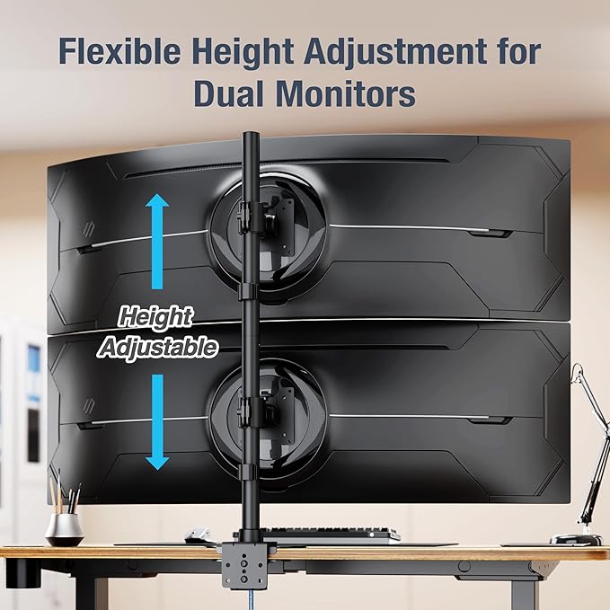 AVLT Dual 49 Inch Stacking Monitor Pole Mount - Stack 44 lbs Super Ultrawide Screens on Heavy-Duty Pole, Height Tilt Swivel Rotate Adjustment, C-clamp and Grommet Mounting Base, VESA Compatible