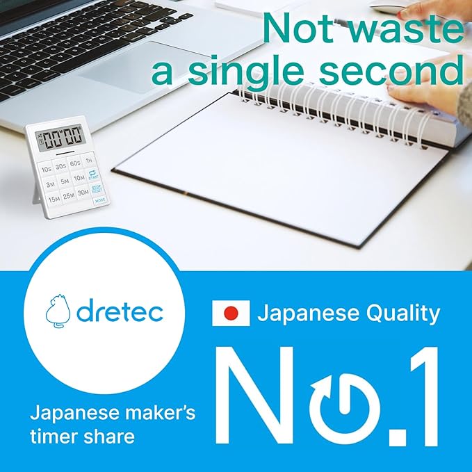 dretec One-Push Timer, Just Press, Easy, Time Saving, Interval, Silent, Kitchen Timer, Digital, Magnet, Stand, Light, Study, Muscle Training, Sports, White
